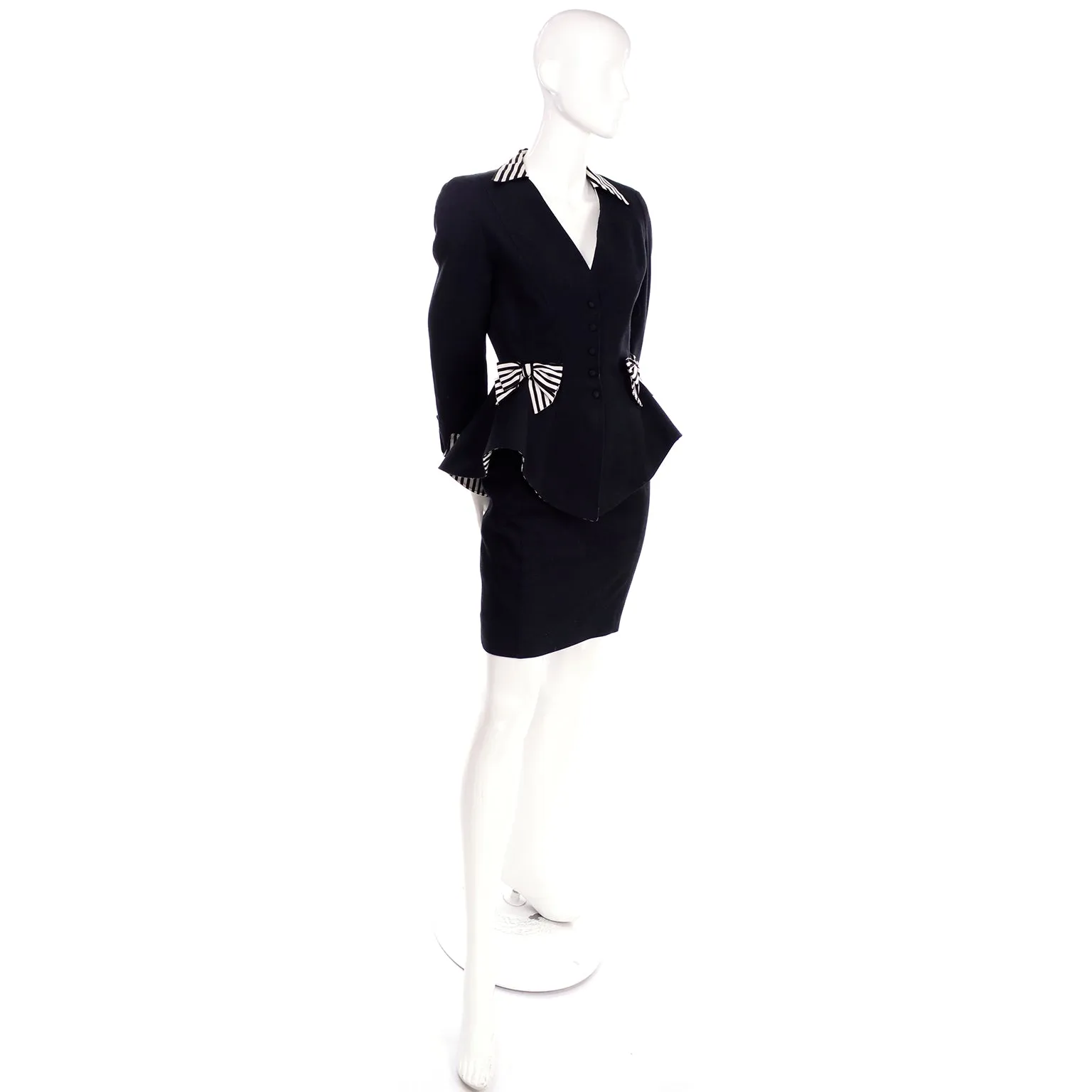 1980s Thierry Mugler Vintage Black Peplum Blazer &  Skirt Suit w/ Striped Bows