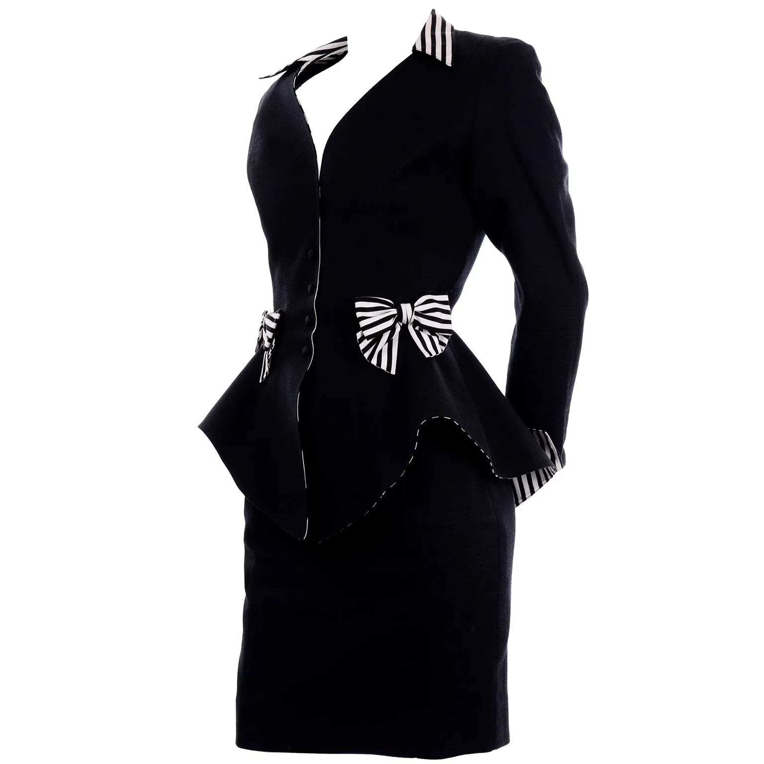 1980s Thierry Mugler Vintage Black Peplum Blazer &  Skirt Suit w/ Striped Bows