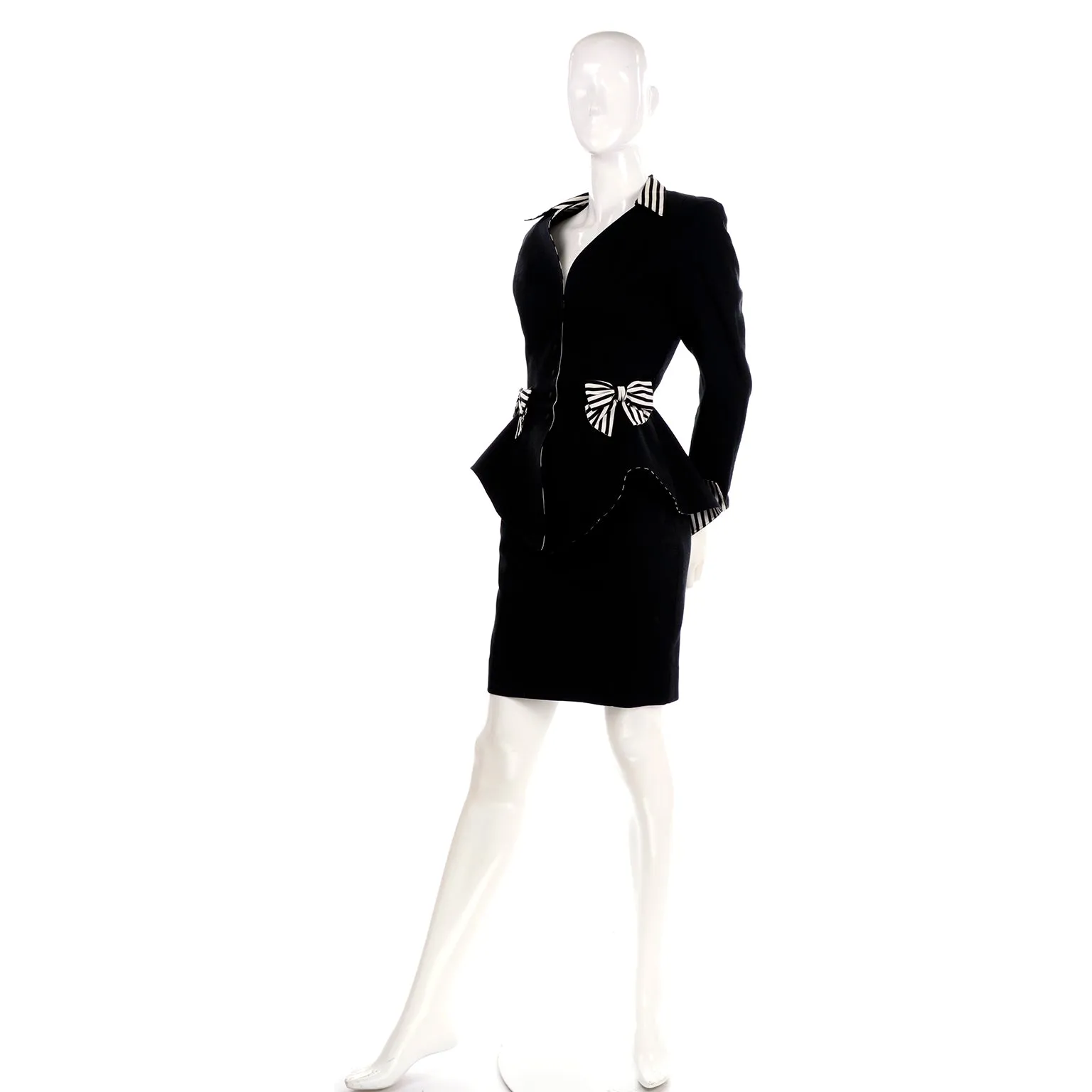 1980s Thierry Mugler Vintage Black Peplum Blazer &  Skirt Suit w/ Striped Bows