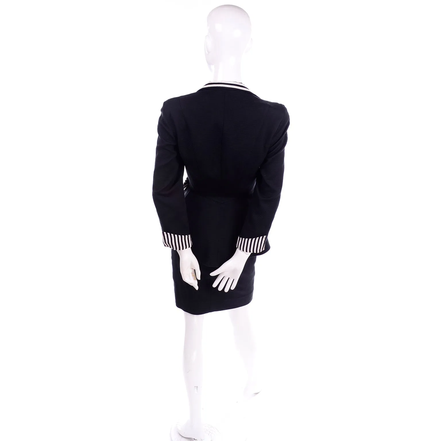 1980s Thierry Mugler Vintage Black Peplum Blazer &  Skirt Suit w/ Striped Bows