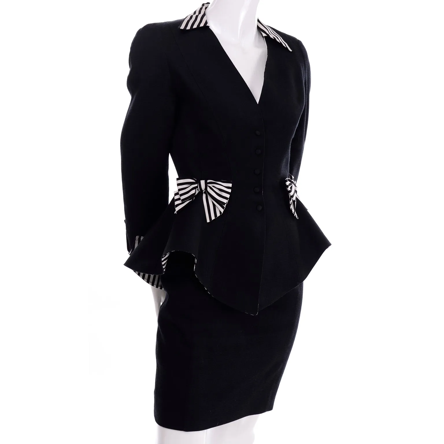 1980s Thierry Mugler Vintage Black Peplum Blazer &  Skirt Suit w/ Striped Bows