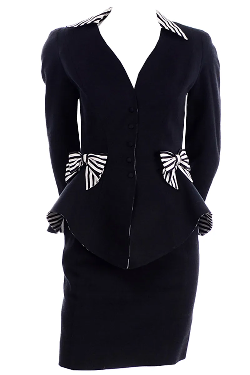 1980s Thierry Mugler Vintage Black Peplum Blazer &  Skirt Suit w/ Striped Bows