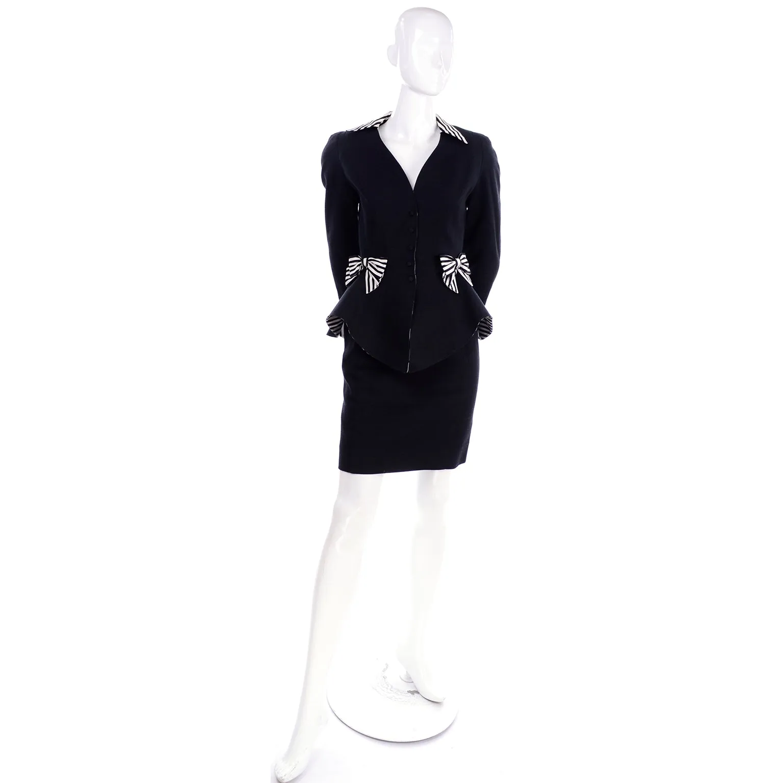 1980s Thierry Mugler Vintage Black Peplum Blazer &  Skirt Suit w/ Striped Bows