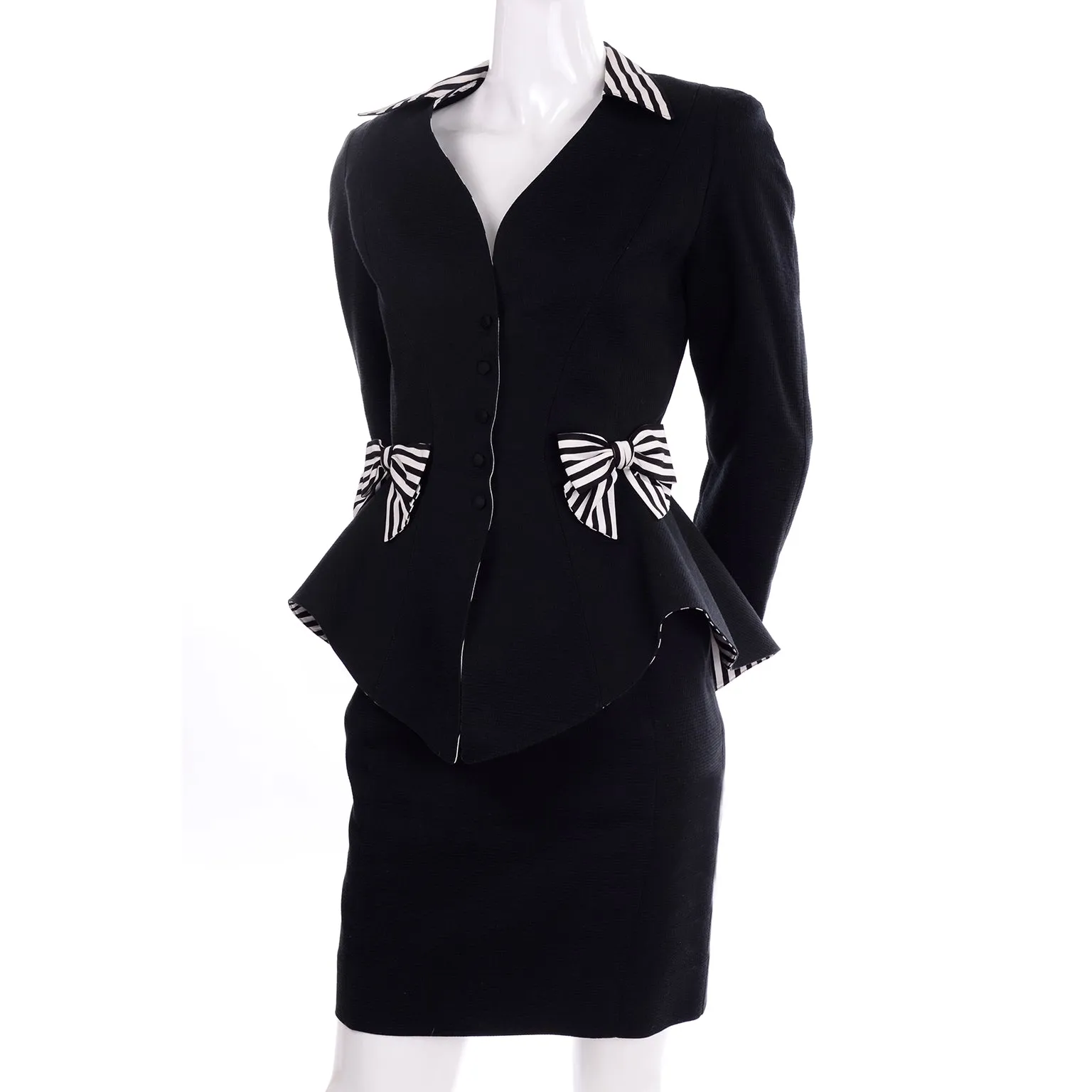 1980s Thierry Mugler Vintage Black Peplum Blazer &  Skirt Suit w/ Striped Bows