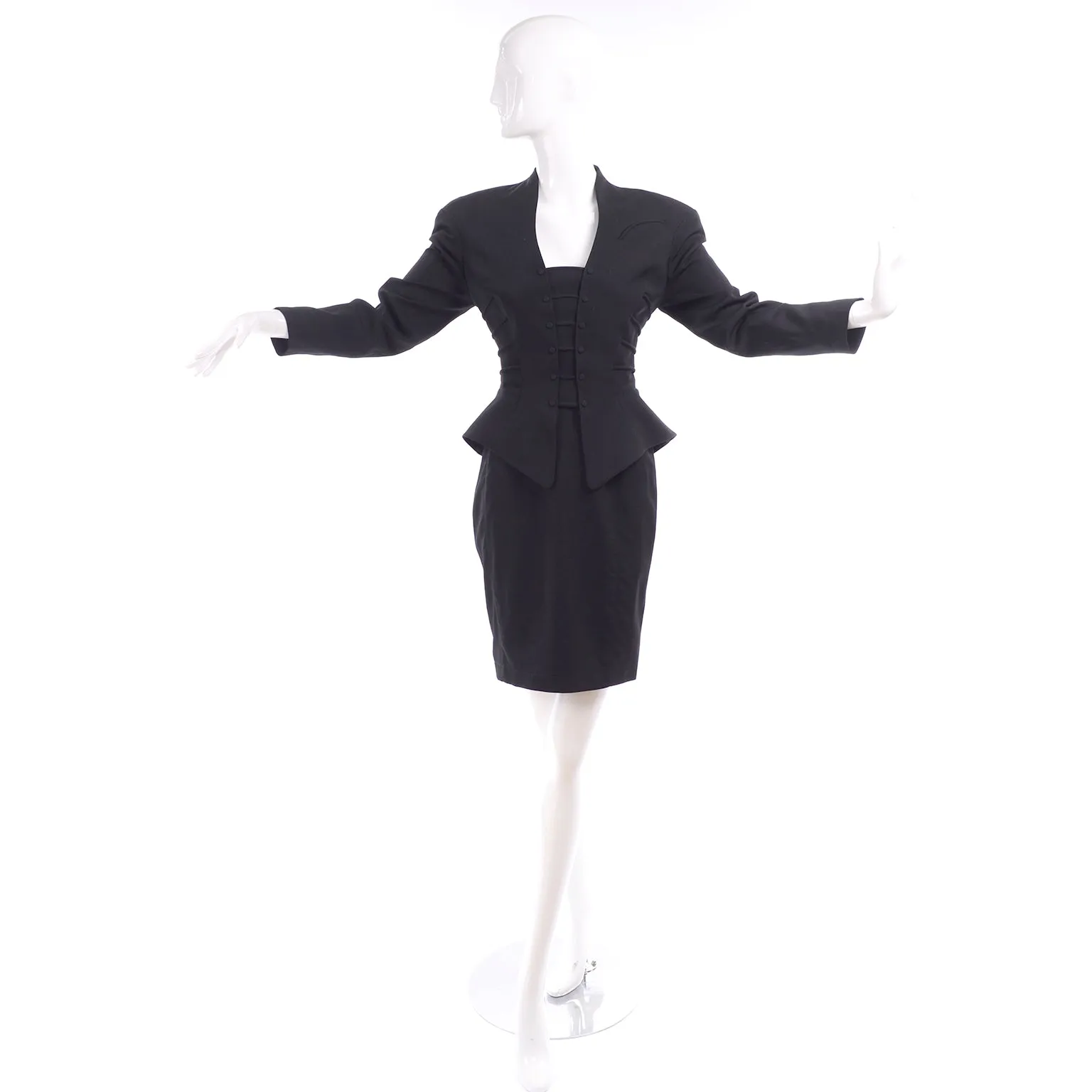 1990s Thierry Mugler Vintage Black Peplum Jacket & Pencil Skirt Suit