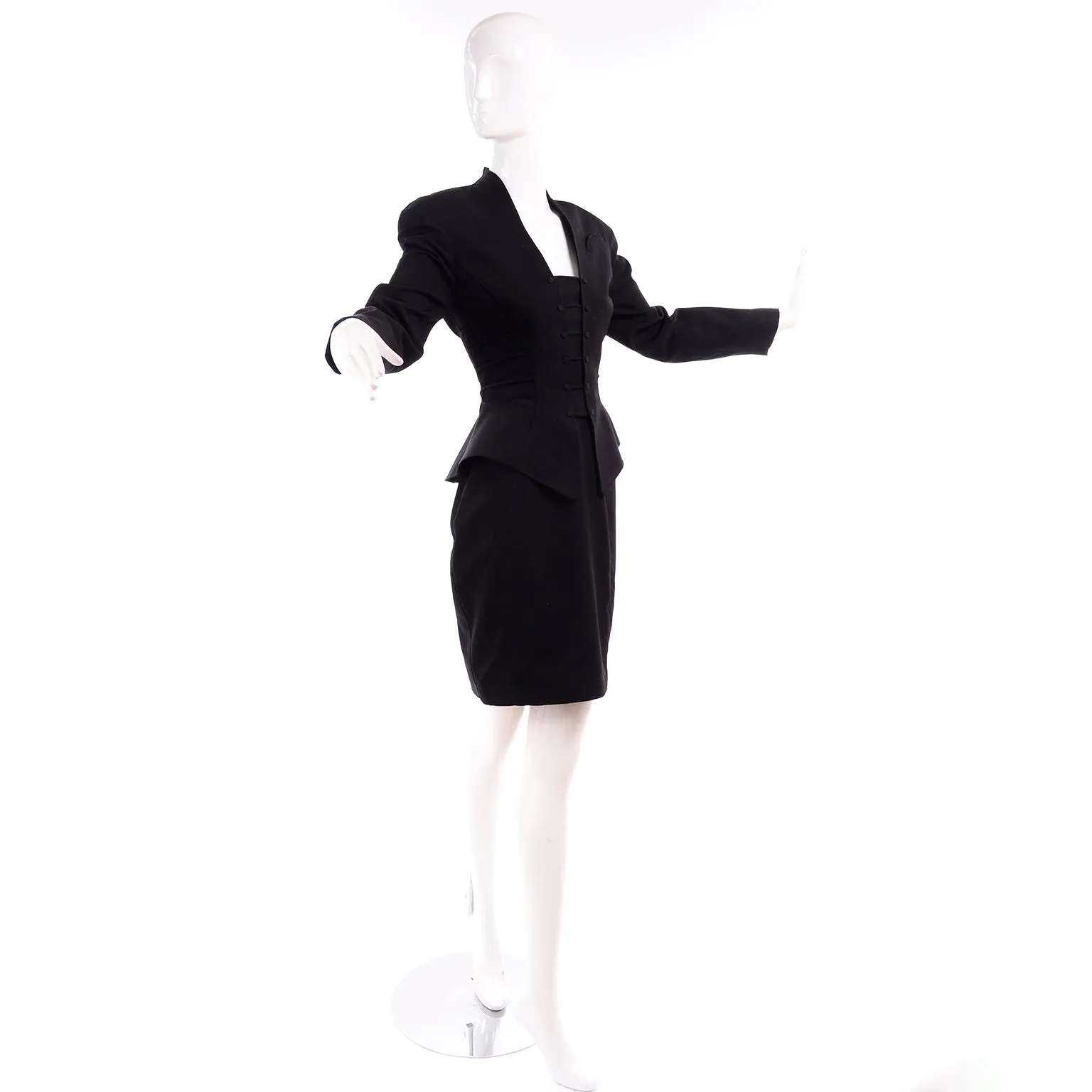 1990s Thierry Mugler Vintage Black Peplum Jacket & Pencil Skirt Suit