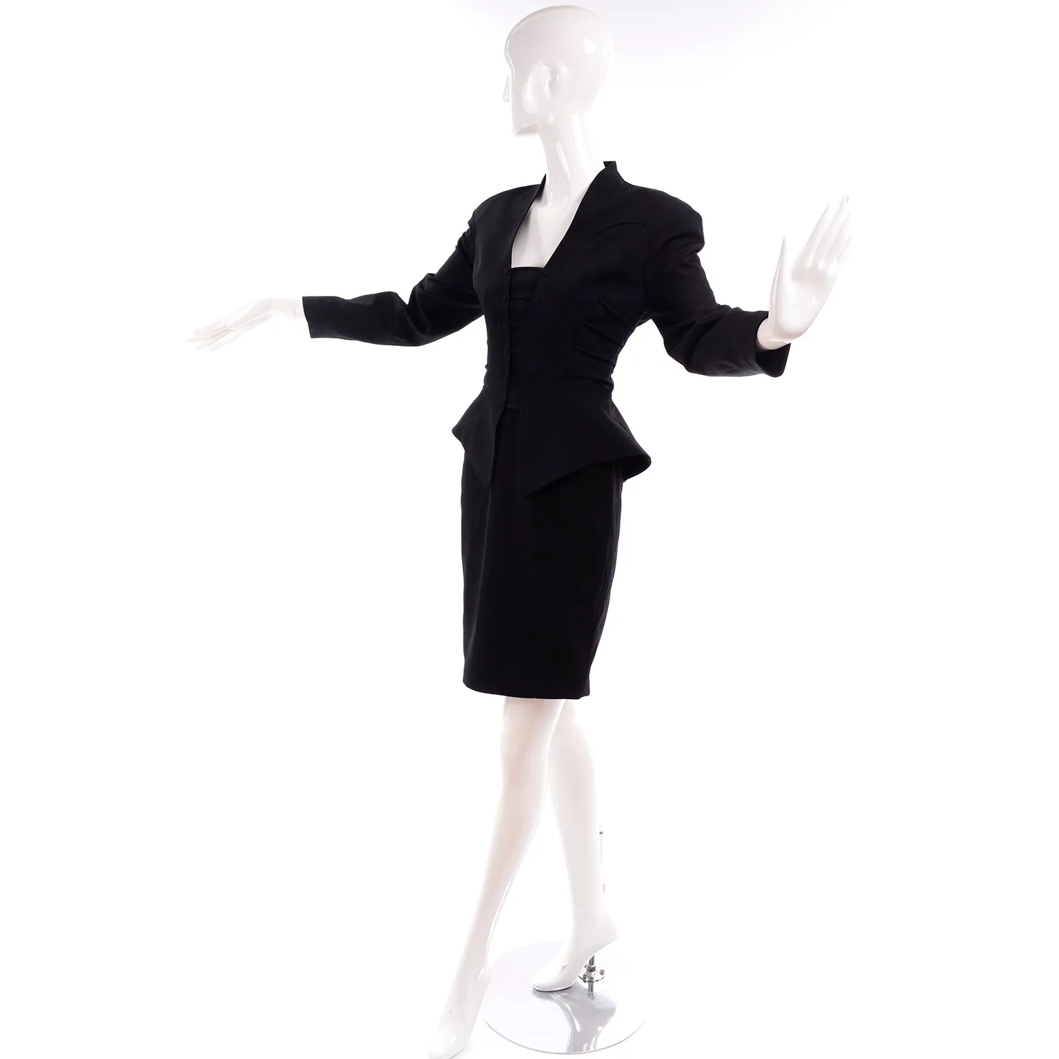 1990s Thierry Mugler Vintage Black Peplum Jacket & Pencil Skirt Suit