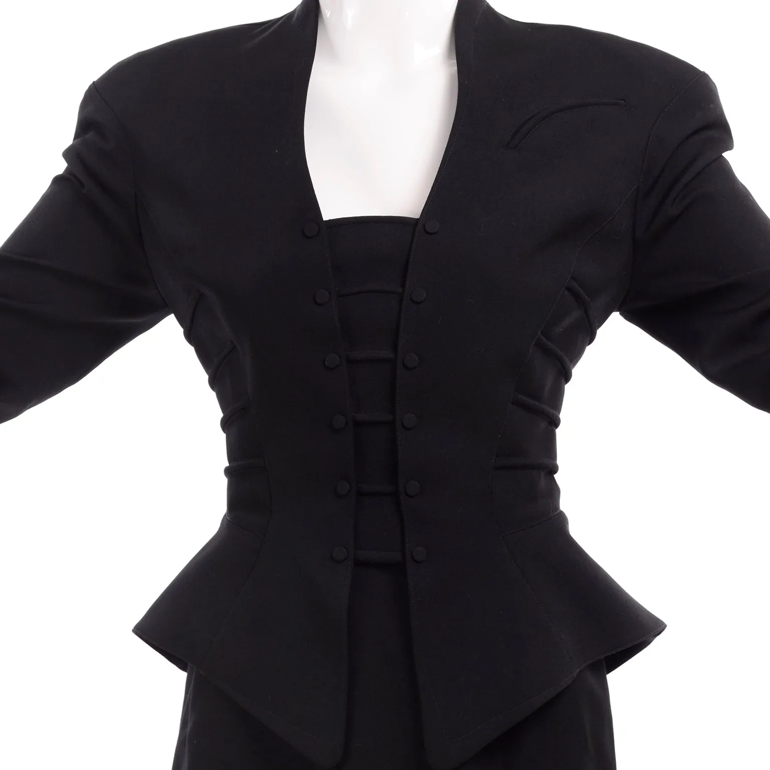 1990s Thierry Mugler Vintage Black Peplum Jacket & Pencil Skirt Suit