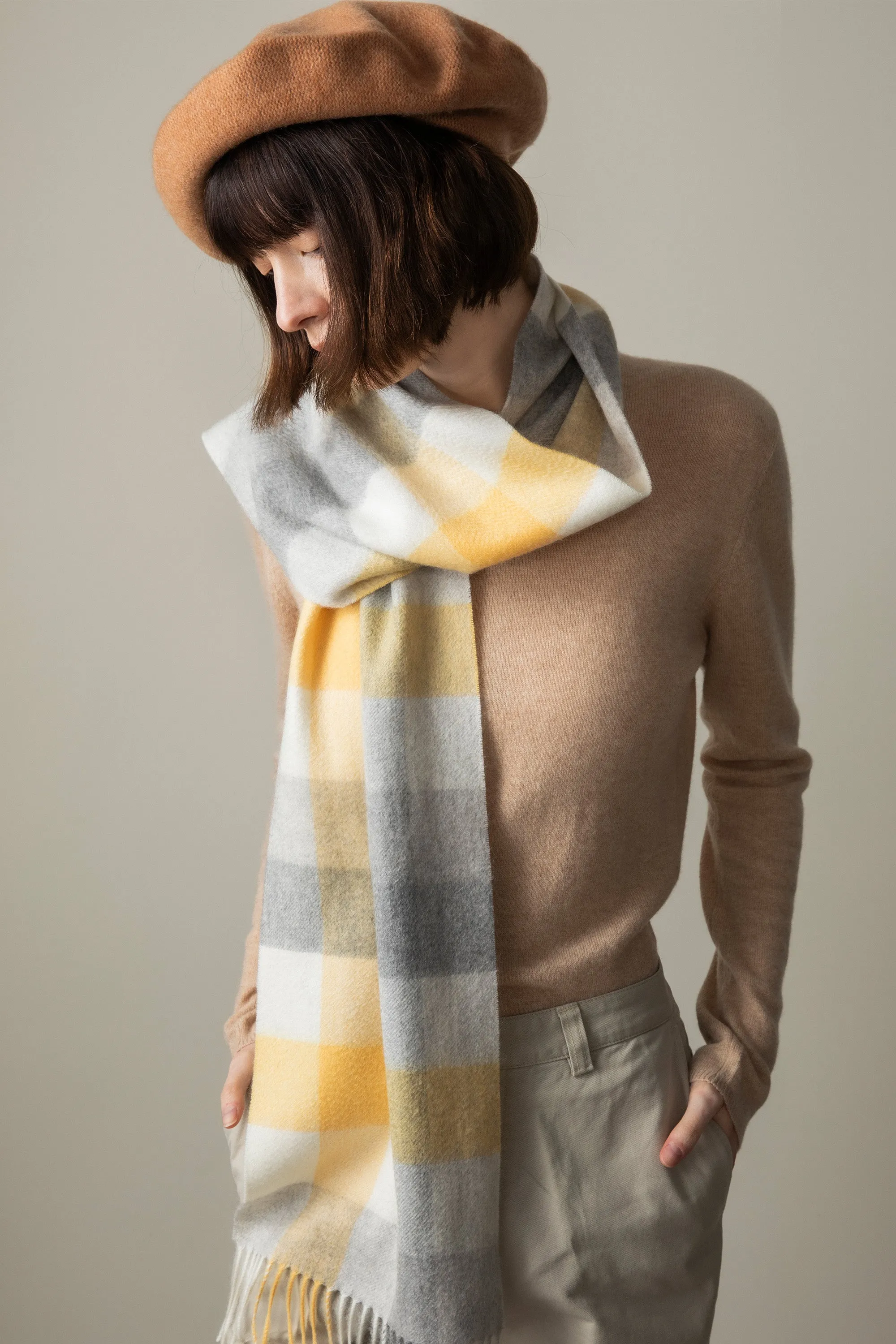 5 Square Check Cashmere Scarf - Butter