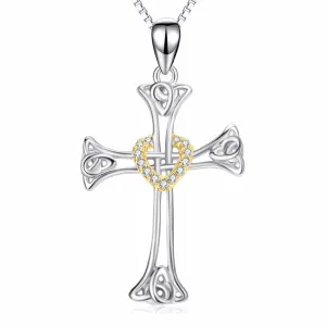 925 Sterling Silver Knot Heart Cross Pendant with Golden Crystal Sheath