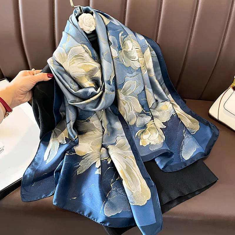 Blue Blossom Paradise Scarf - Luxurious Satin Silk Feel, Wind-Resistant & Sun-Protective, Perfect Beach Companion for Women