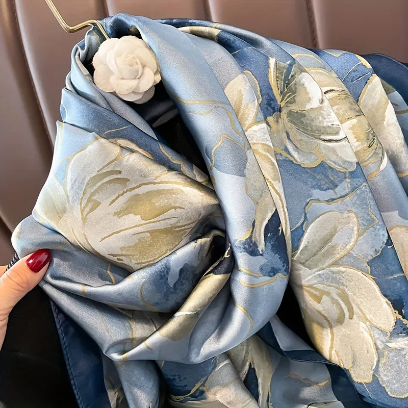 Blue Blossom Paradise Scarf - Luxurious Satin Silk Feel, Wind-Resistant & Sun-Protective, Perfect Beach Companion for Women