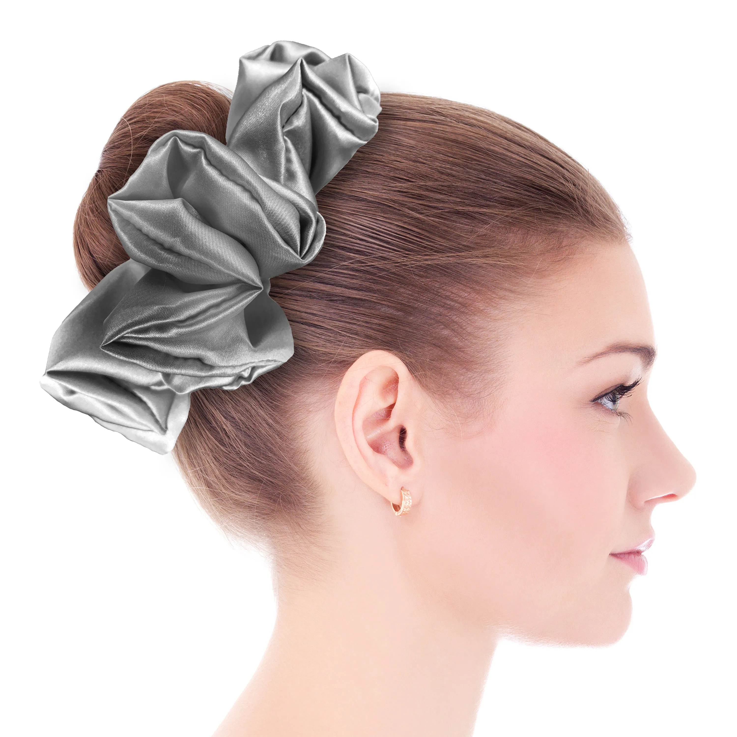 Bridal Satin Scrunchies King Size XXL Oversized Ponytail Holder Made in the USA Gray