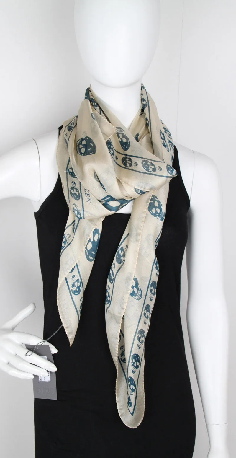 Classic Skull Scarf Silk Chiffon, Ivory/Teal