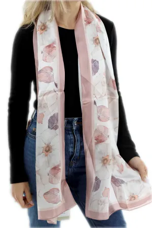 Elegant 100% Silk Floral Print Scarf - Pink - One Size (38x30in)