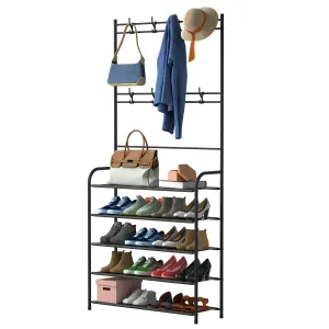 Entryway Coat Hat Rack Shoe Storage Shelf 5 Tier Shoe Rack Freestanding Hall Tree Garment Hanger Stand Clothes Shoe Organizer Combo