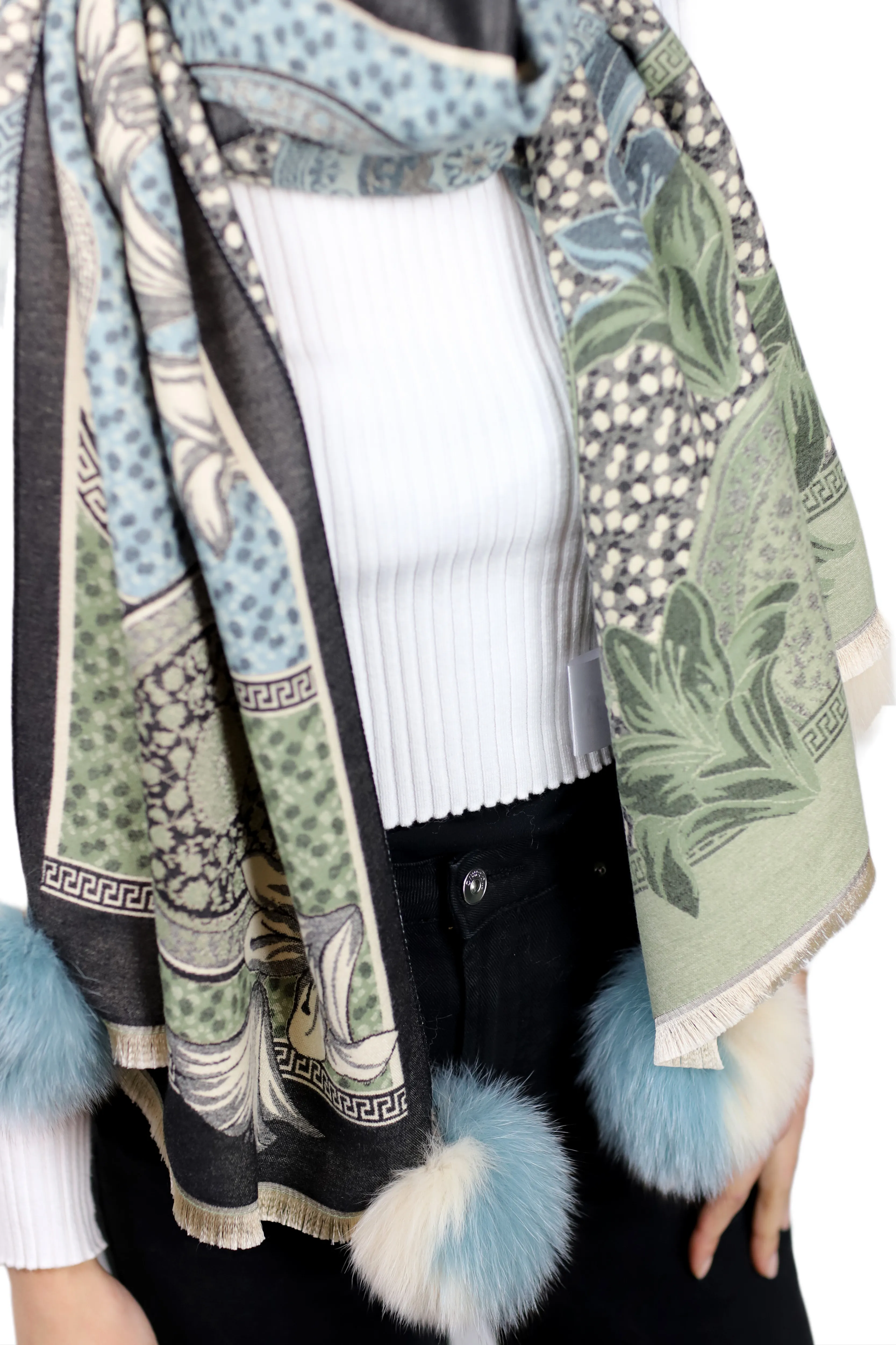 Floral & Abstract Print Wrap with Fox Poms - Blue/Beige