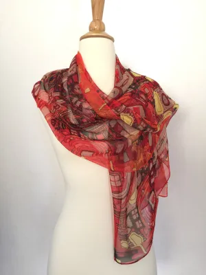 Gustav Klimt Abstract Scarf - Red/Gold/Black/Cream