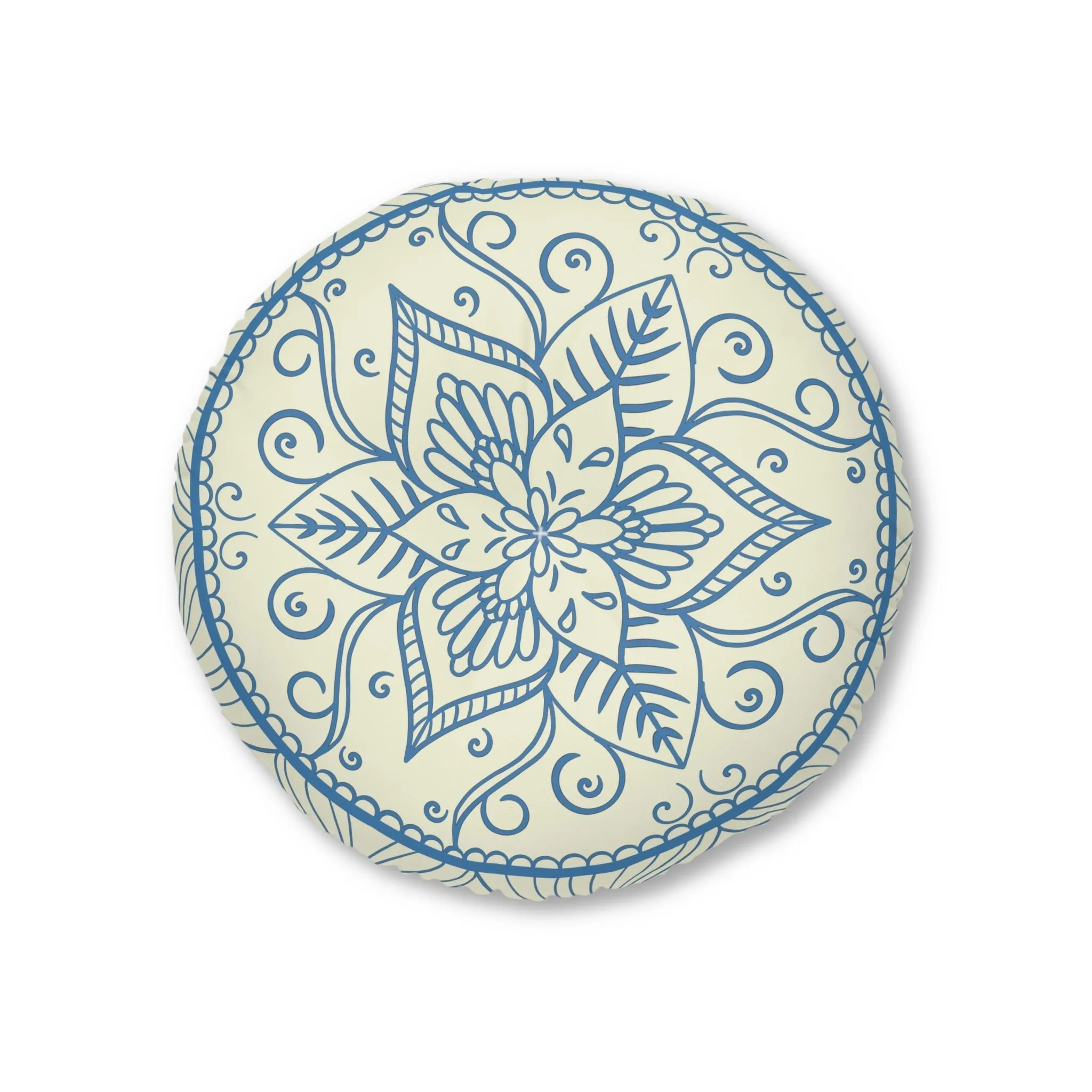 Handmade Mandala Art Floor Cushion - Steel Blue on Beige - Round Tufted