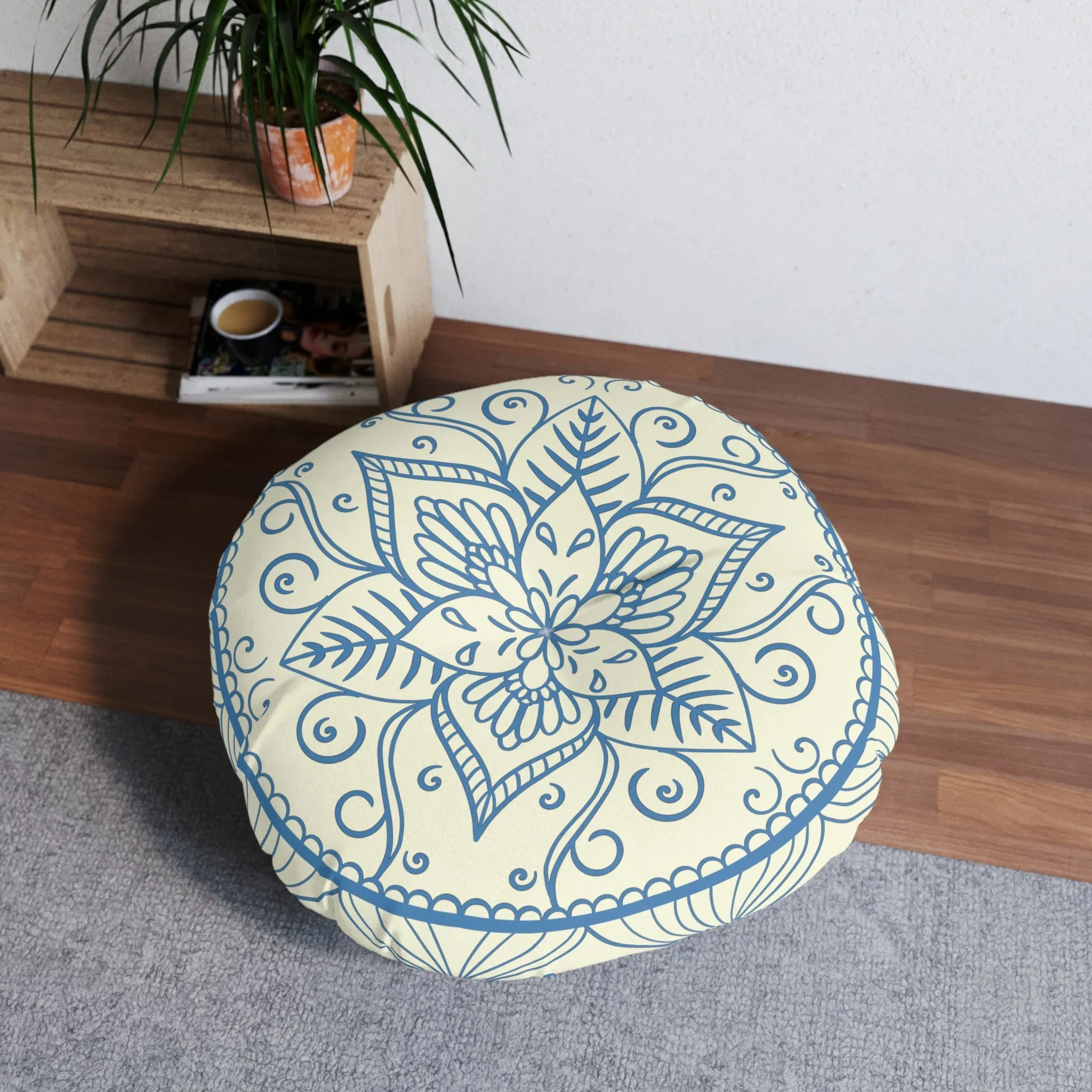 Handmade Mandala Art Floor Cushion - Steel Blue on Beige - Round Tufted