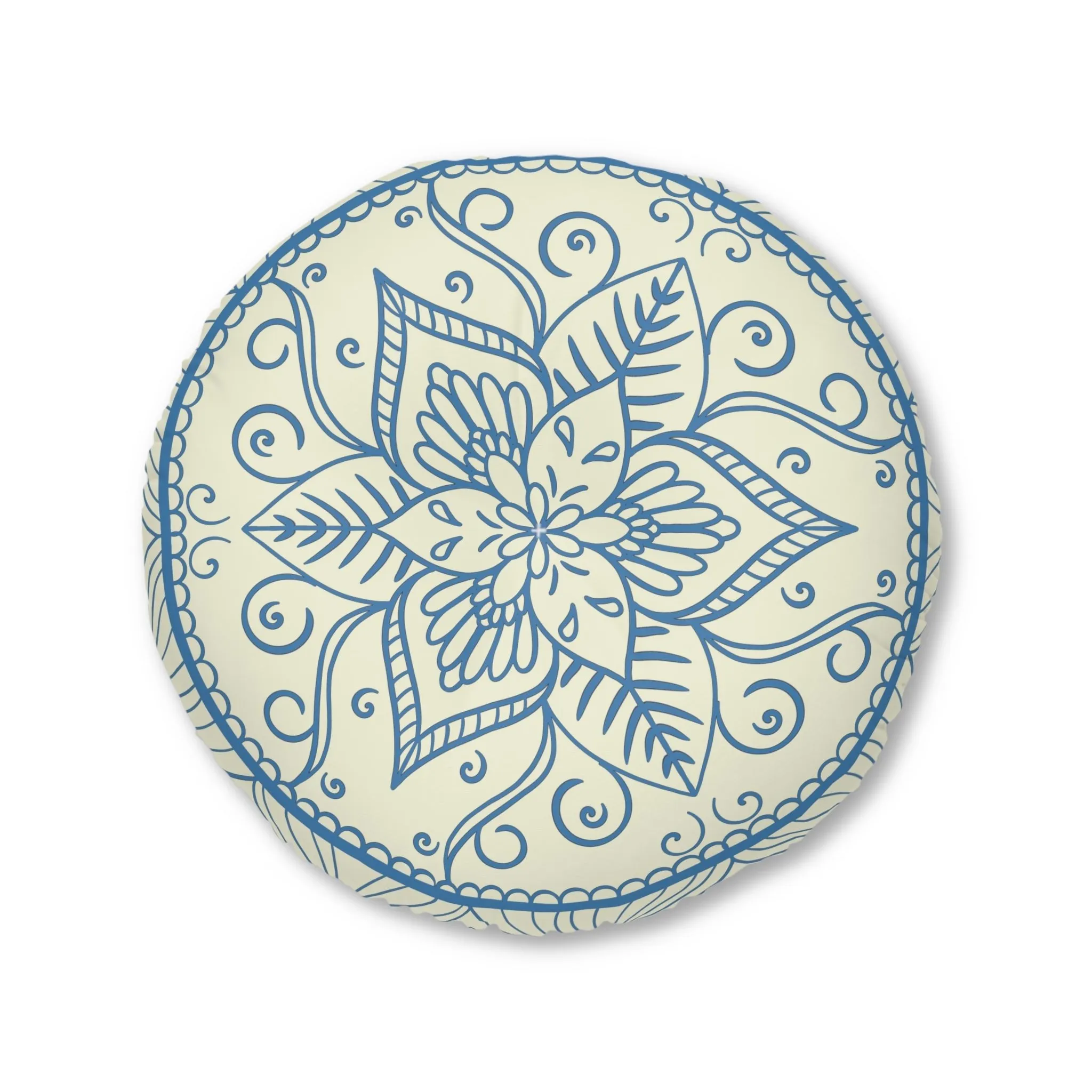 Handmade Mandala Art Floor Cushion - Steel Blue on Beige - Round Tufted