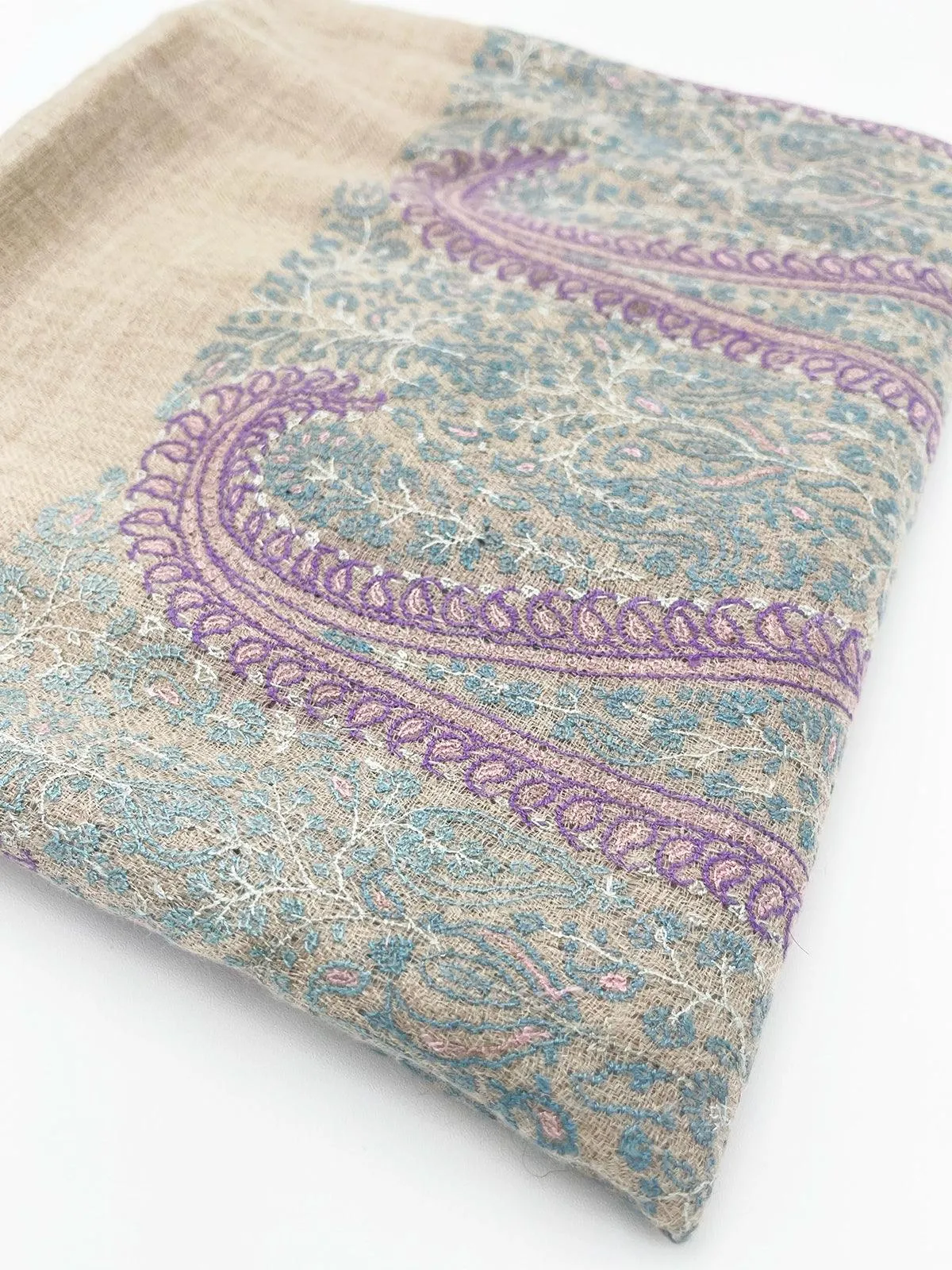 Handwoven 100% Pashmina SHAWL - LIGHT BROWN WITH PURPLE EMBROIDERY