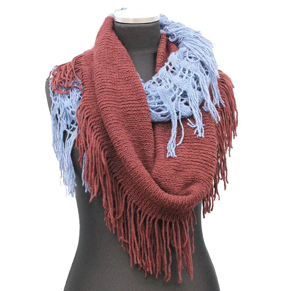 Infinity Scarf w/ Open Knit & Fringe - Blue/Brown