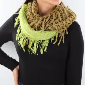 Infinity Scarf w/ Open Knit & Fringe - Olive Green