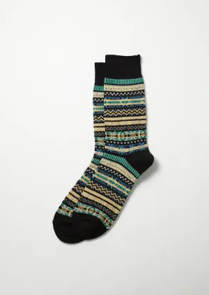 Jacquard Fair Isle Crew Socks - Black