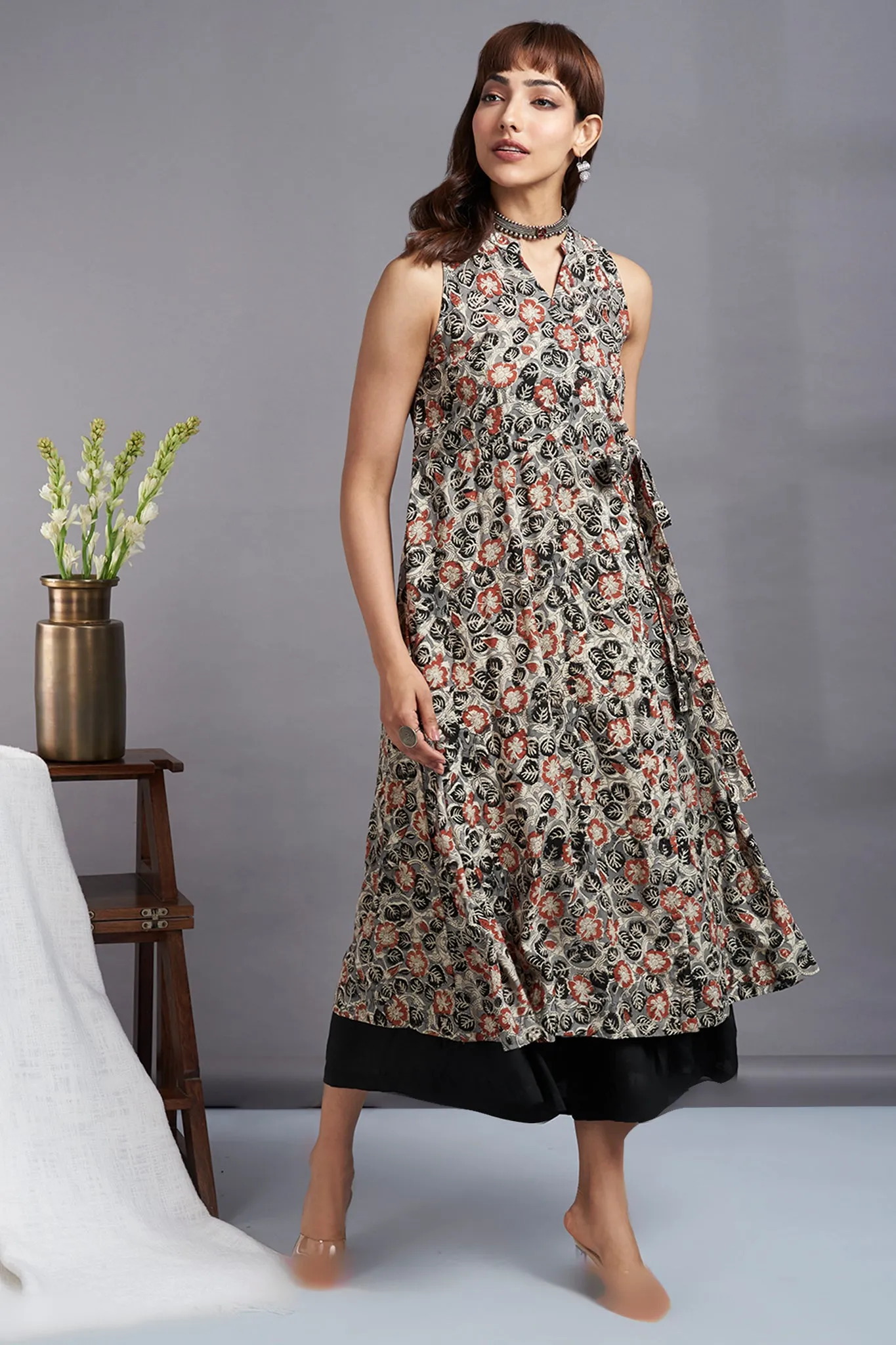 kashish symphony - modal kalamkari sleeveless tie-up angrakha