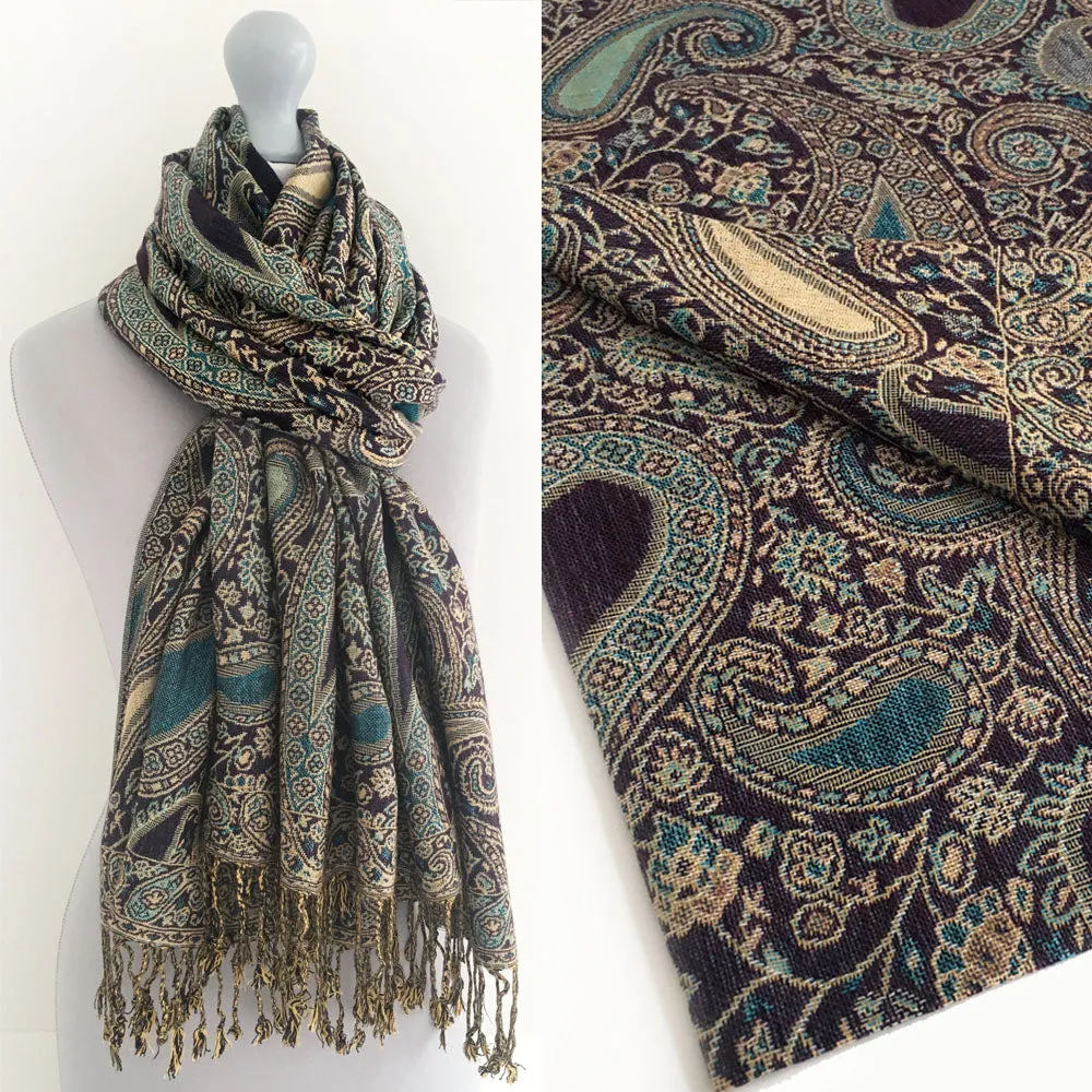 LARGE PURPLE MULTI COLOUR PAISLEY PRINT PASHMINA SHAWL SCARF