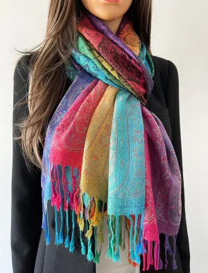 LARGE RAINBOW MULTI COLOUR BLACK PAISLEY PRINT PASHMINA SHAWL SCARF