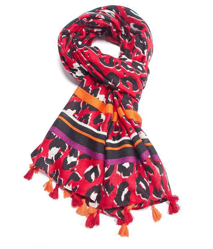 LARGE RED TRIBAL LEOPARD PRINT SCARF WITH TASSELS