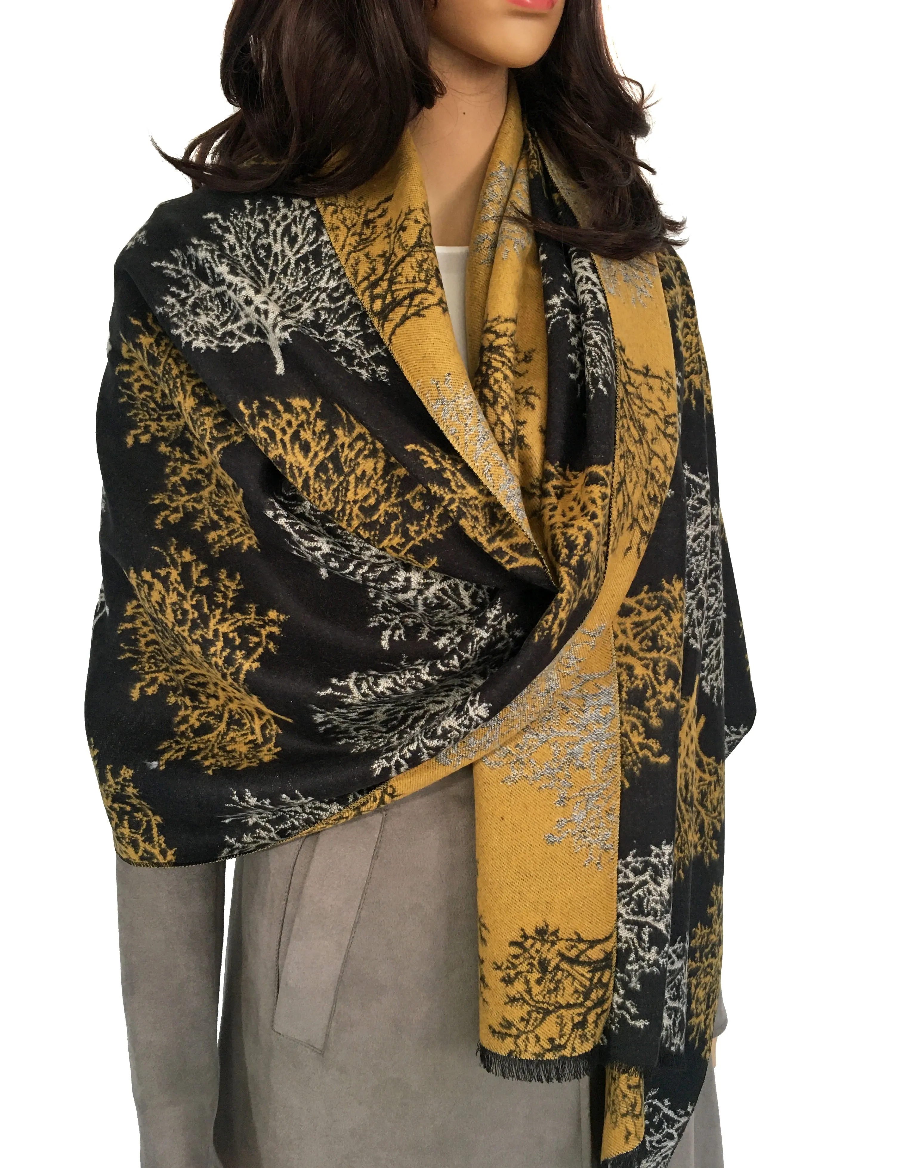 LARGE THICK BLACK TREE REVERSIBLE WINTER SHAWL BLANKET SCARF