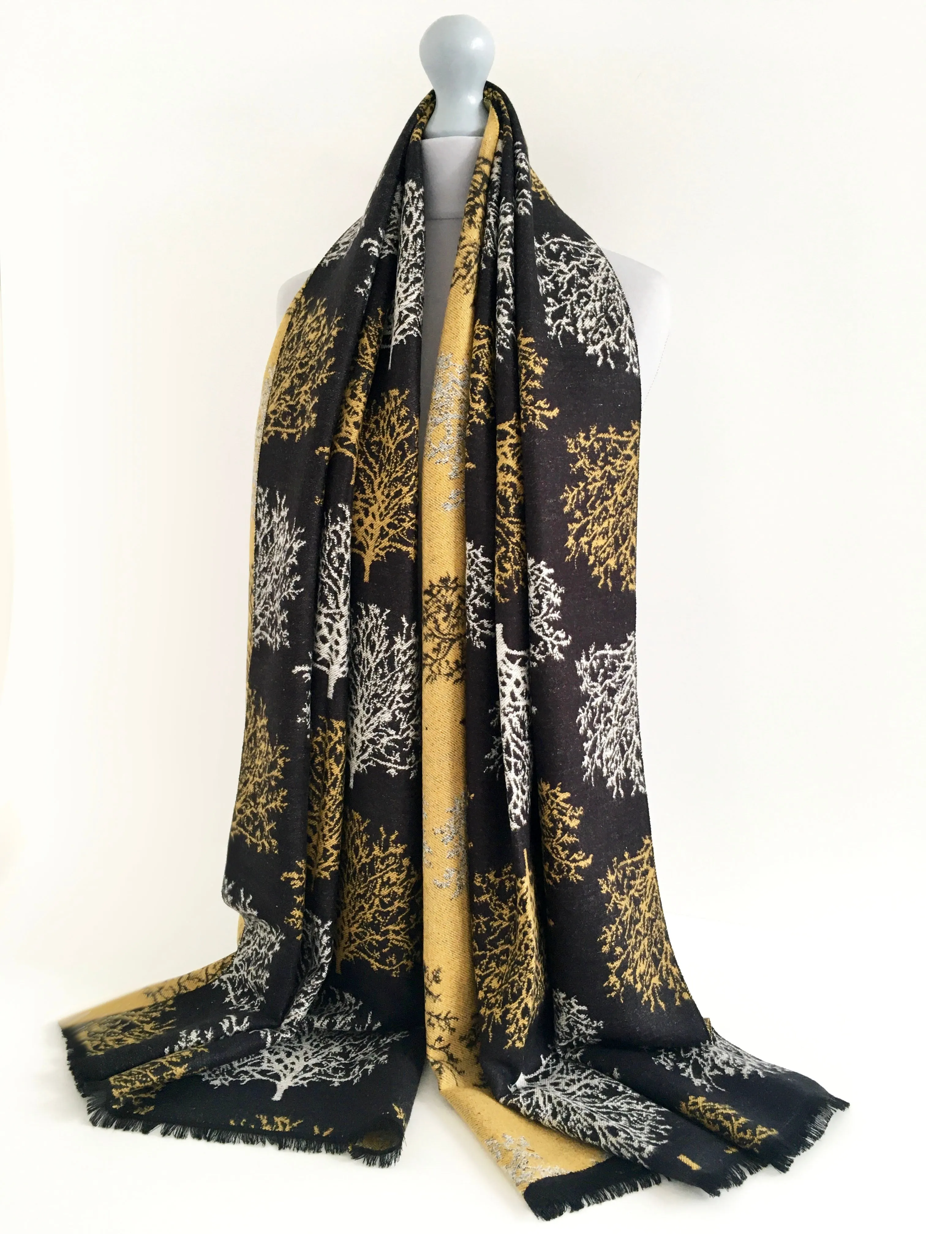 LARGE THICK BLACK TREE REVERSIBLE WINTER SHAWL BLANKET SCARF