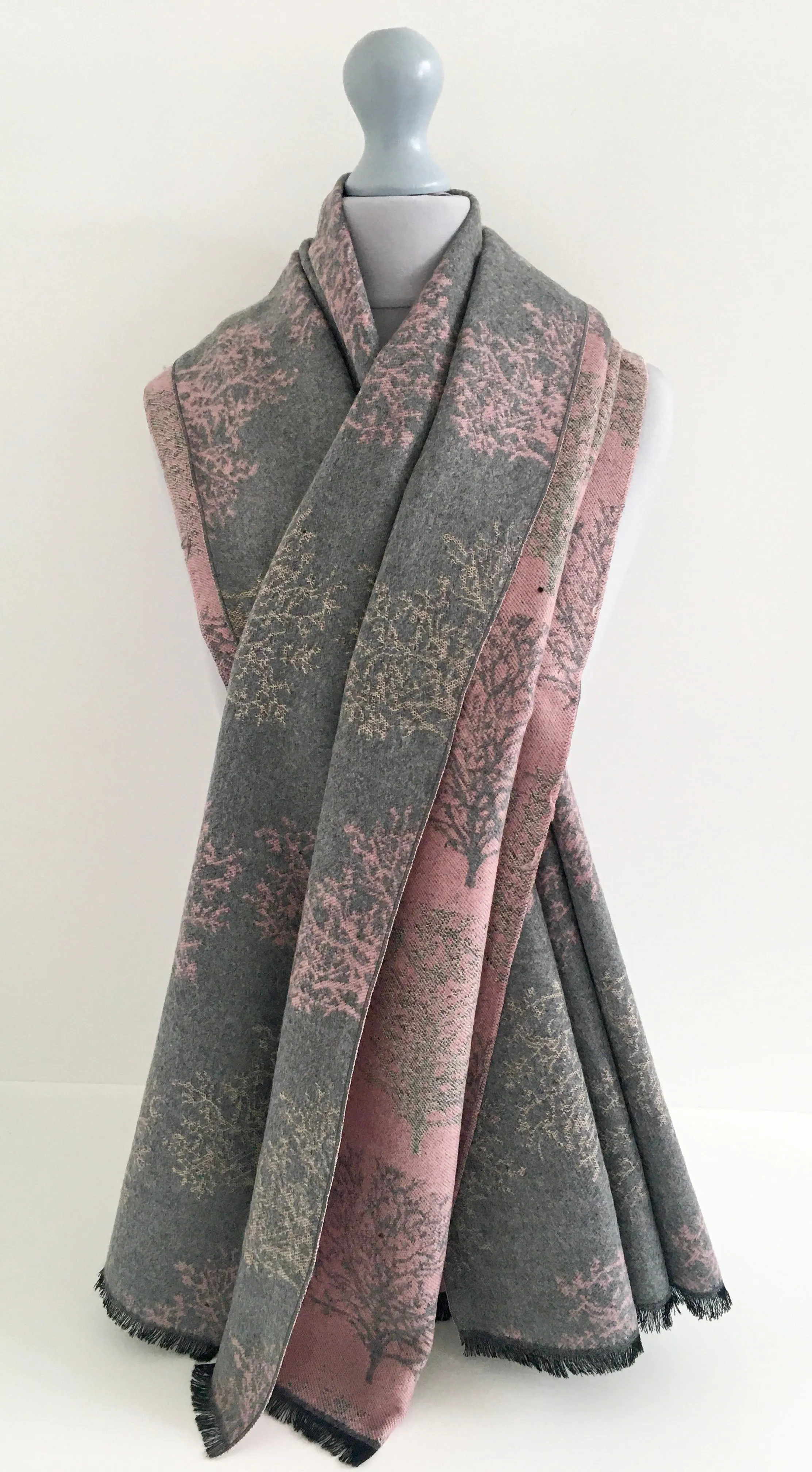 LARGE THICK GREY BLUSH TREE REVERSIBLE WINTER SHAWL BLANKET SCARF