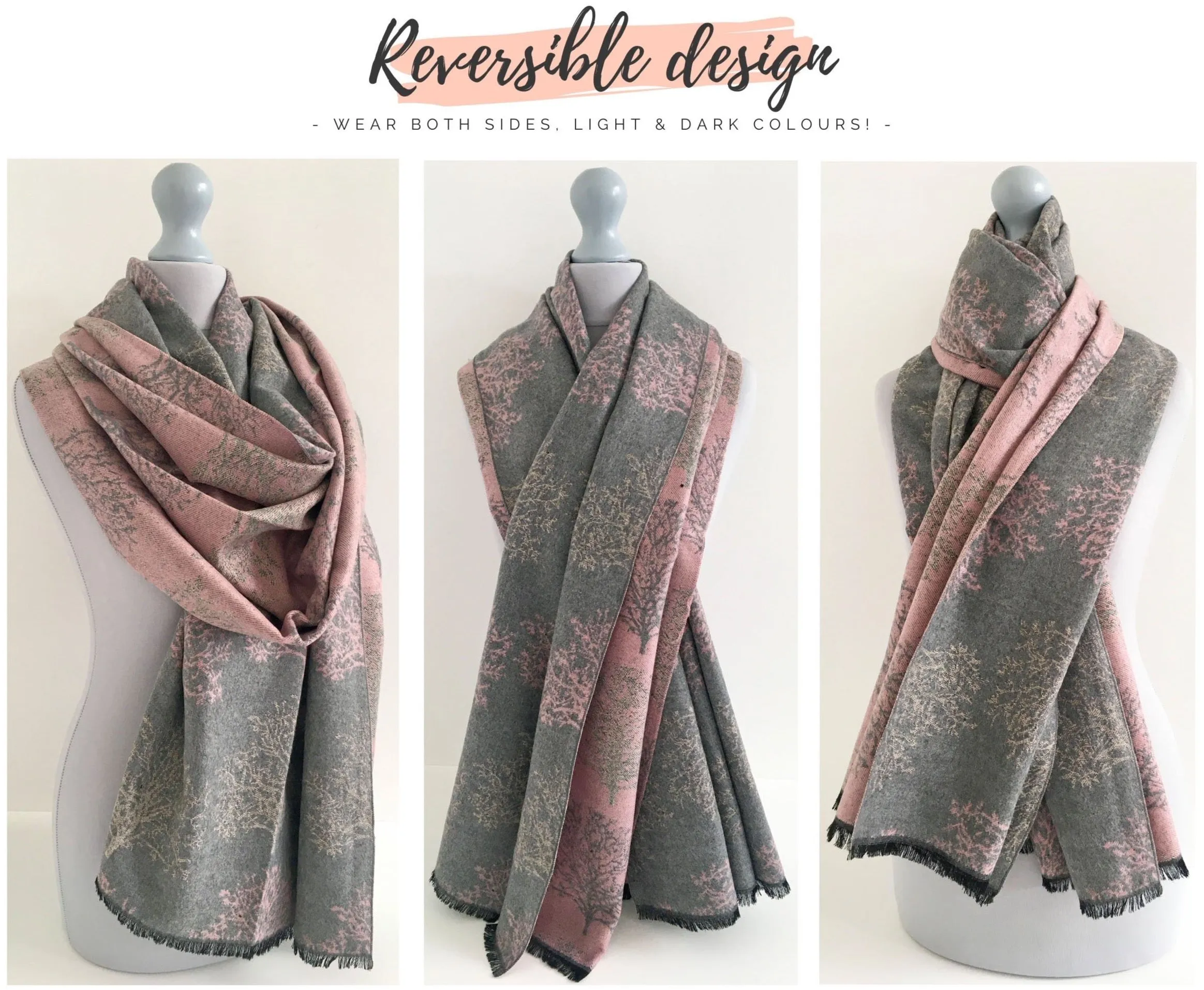 LARGE THICK GREY BLUSH TREE REVERSIBLE WINTER SHAWL BLANKET SCARF