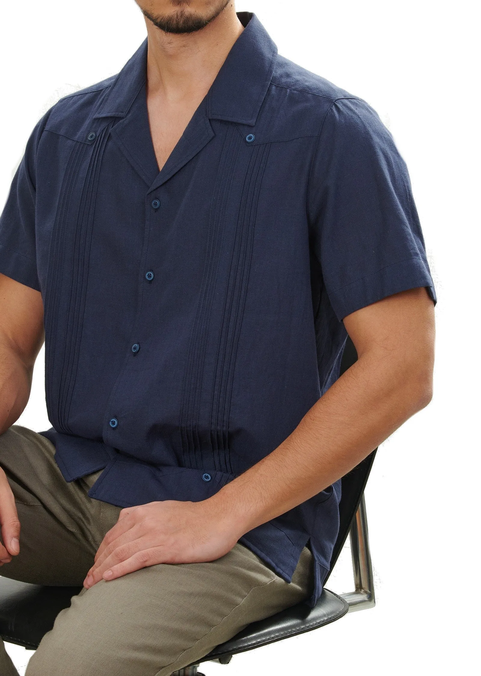 Navy Linen Pleated Guayabera Shirt