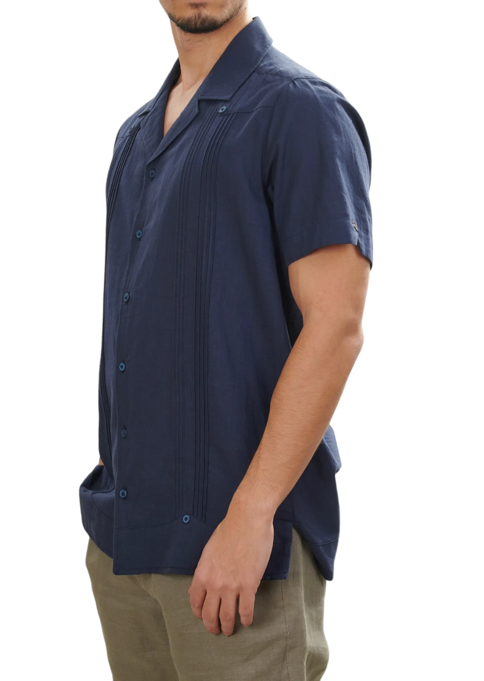 Navy Linen Pleated Guayabera Shirt