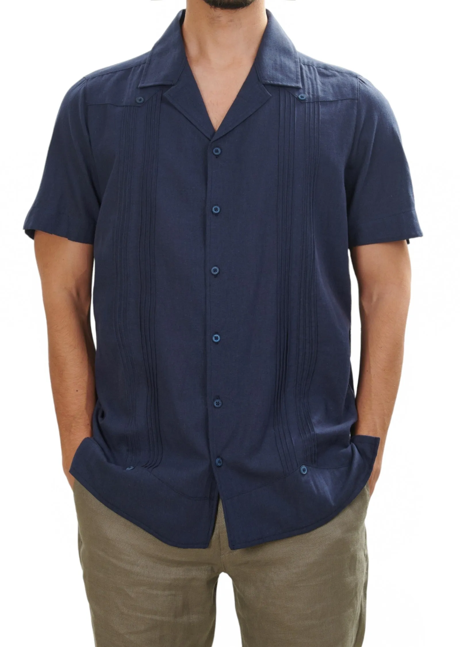 Navy Linen Pleated Guayabera Shirt