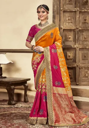 Pink And Orange Embroidered Wedding Saree