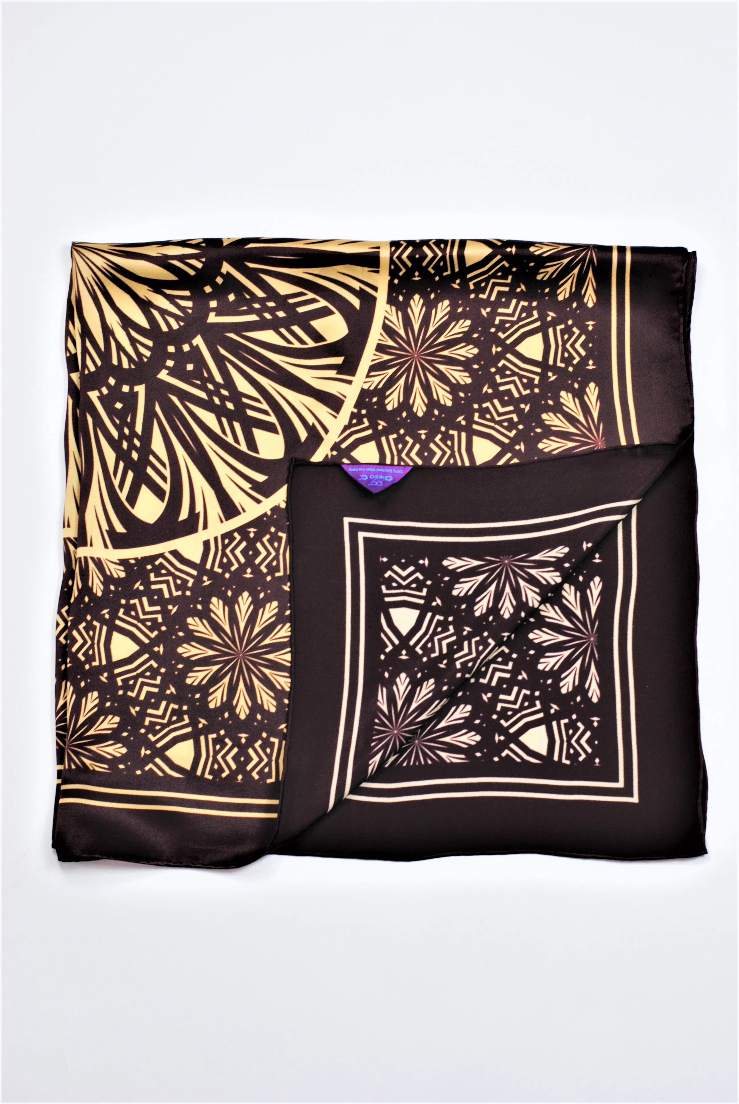 SERENITY BROWN GOLD Mandala Designer 100% Silk Scarf