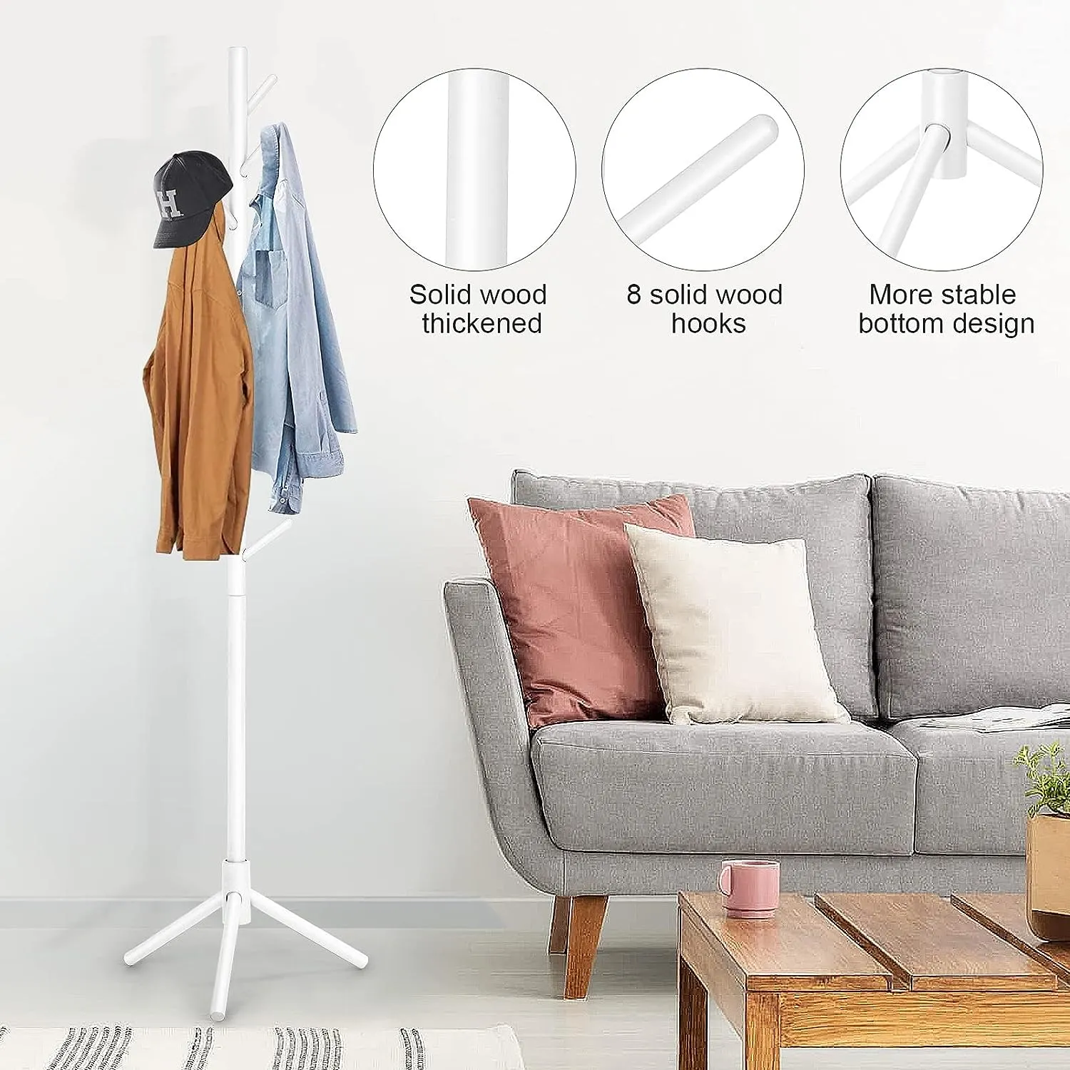 Solid Wood Coat Rack 8 Hook - White