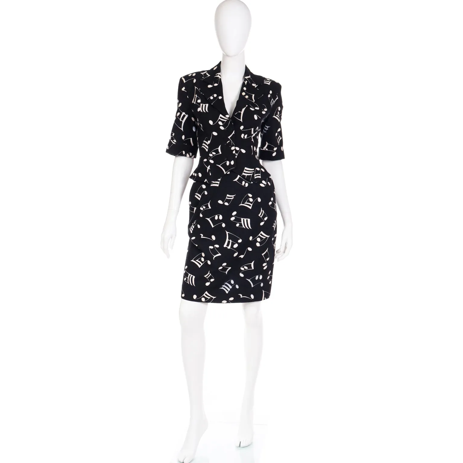 S/S 1989 Patrick Kelly Musical Note Novelty Print Black & White Jacket & Skirt Suit