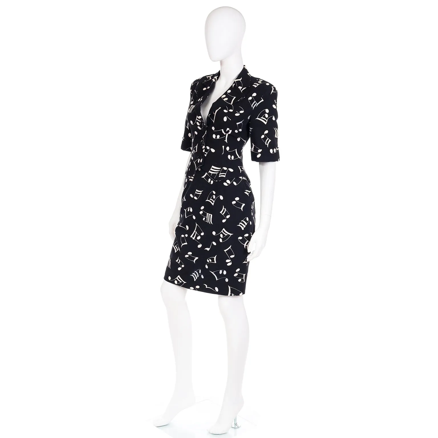 S/S 1989 Patrick Kelly Musical Note Novelty Print Black & White Jacket & Skirt Suit