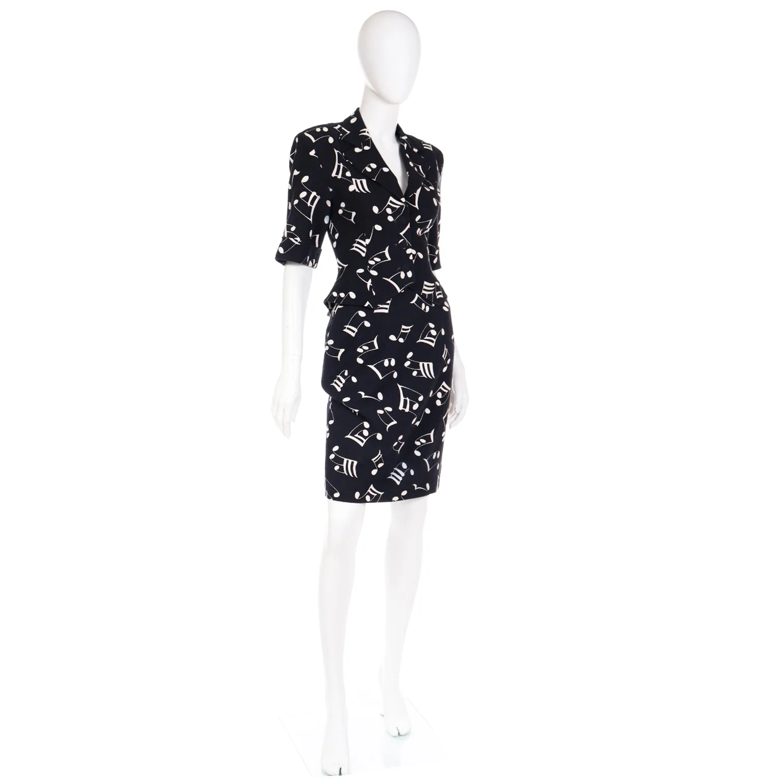 S/S 1989 Patrick Kelly Musical Note Novelty Print Black & White Jacket & Skirt Suit