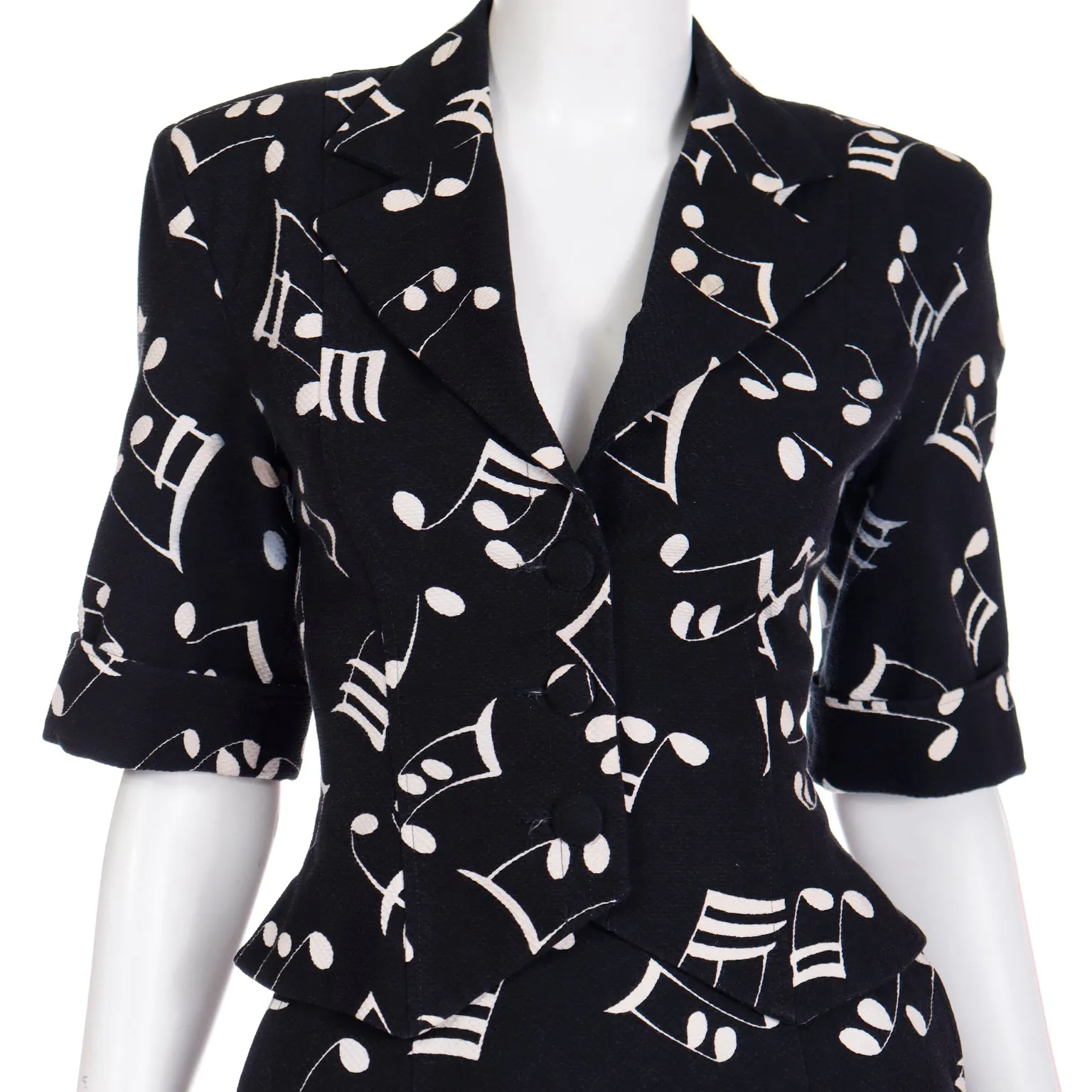 S/S 1989 Patrick Kelly Musical Note Novelty Print Black & White Jacket & Skirt Suit