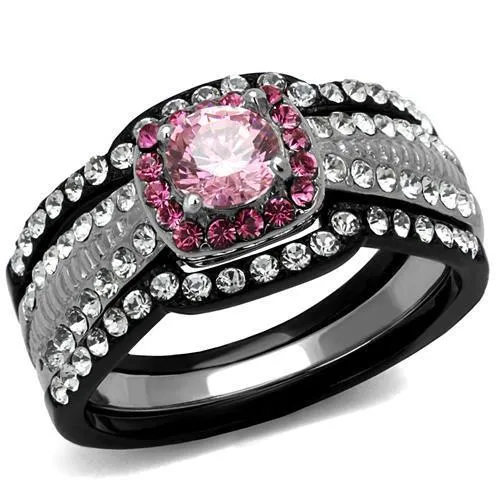 Two-Tone IP Black (Ion Plating) Stainless Steel Ring with AAA Grade CZ in Light Rose for Women Style TK2651