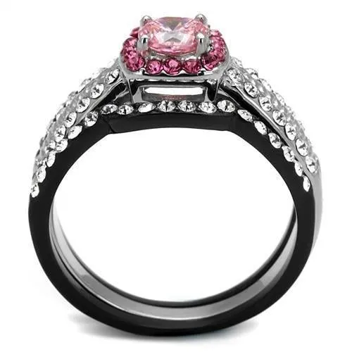 Two-Tone IP Black (Ion Plating) Stainless Steel Ring with AAA Grade CZ in Light Rose for Women Style TK2651