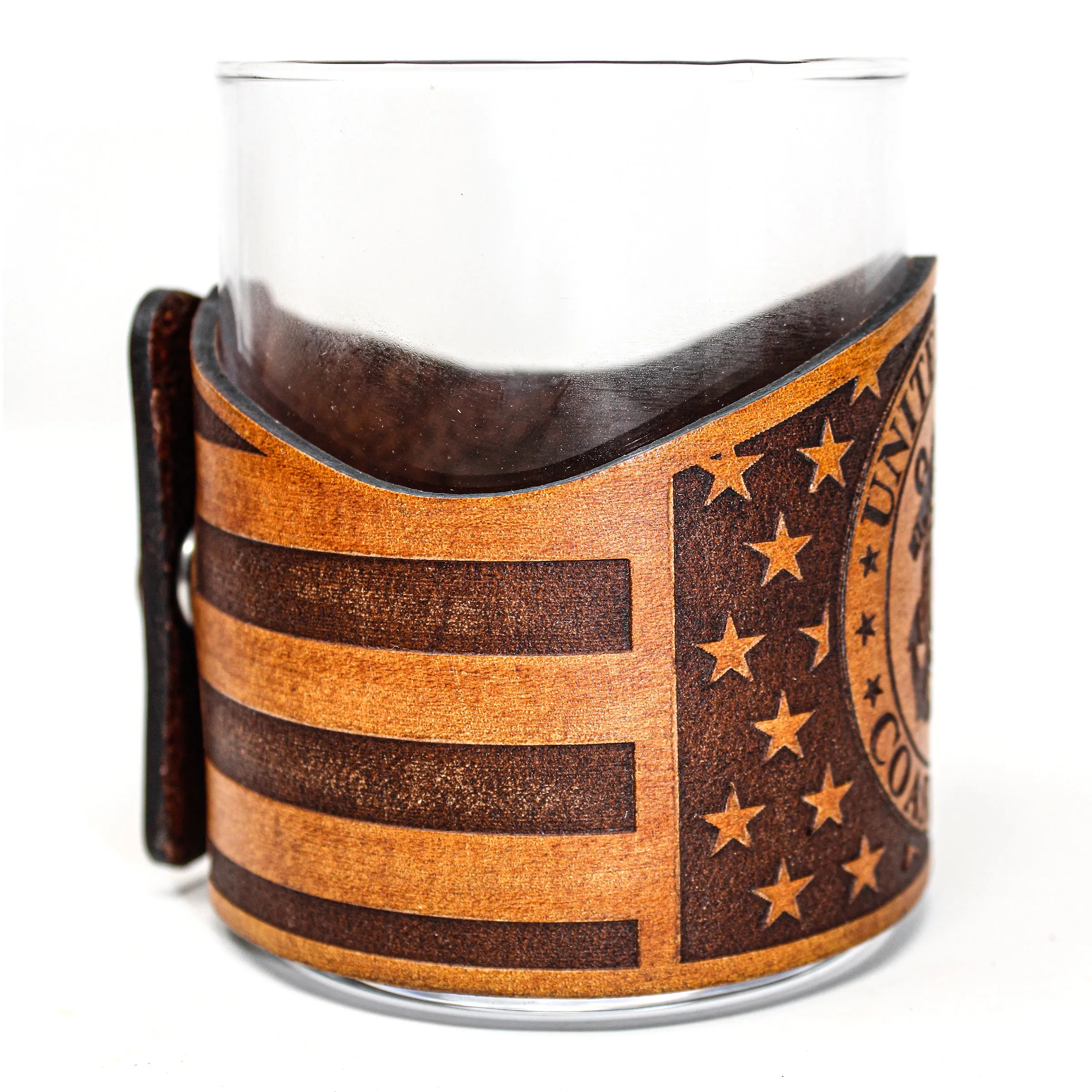 Whiskey Glass Leather Wrap - American flag Coast Guard Engraved